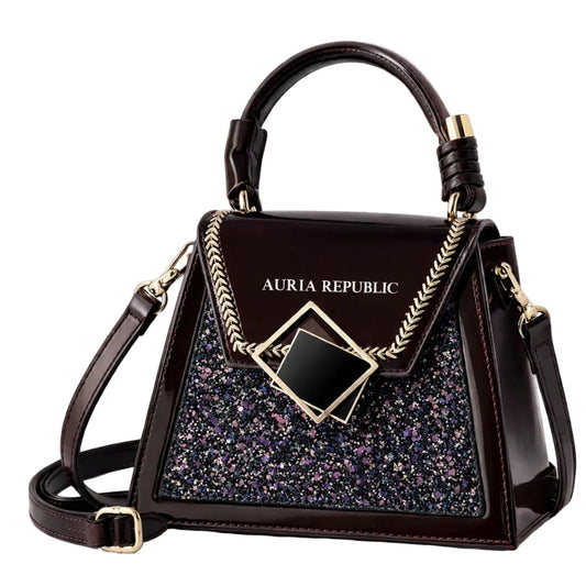 Brown handbag with glittery panel and gold accents, featuring the brand 'Auria Republic.