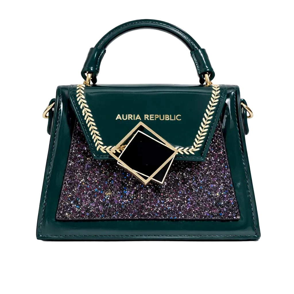 Green handbag with glittery purple base and gold accents, featuring the Auria Republic Brand.